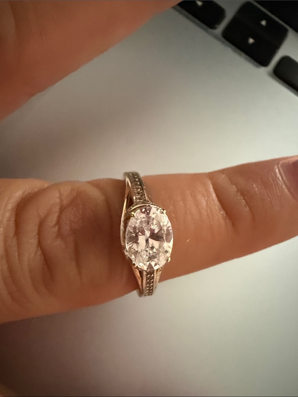 Oval Clear Stone Gold Ring with Pavé Band - Women's Jewelry 10KT/ Yellow Gold